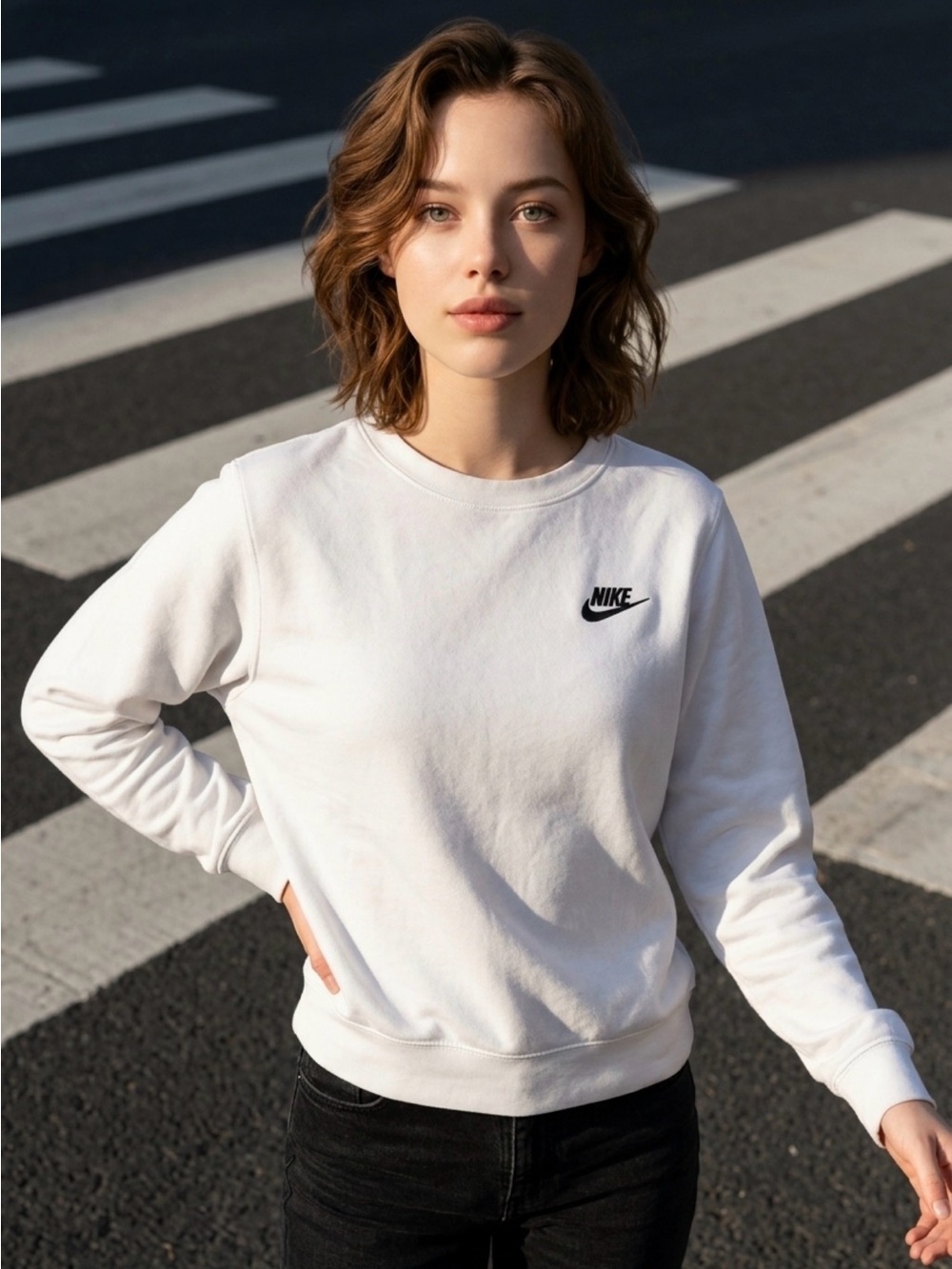 White House Black Market White Crewneck Sweatshirt with Small Black Logo